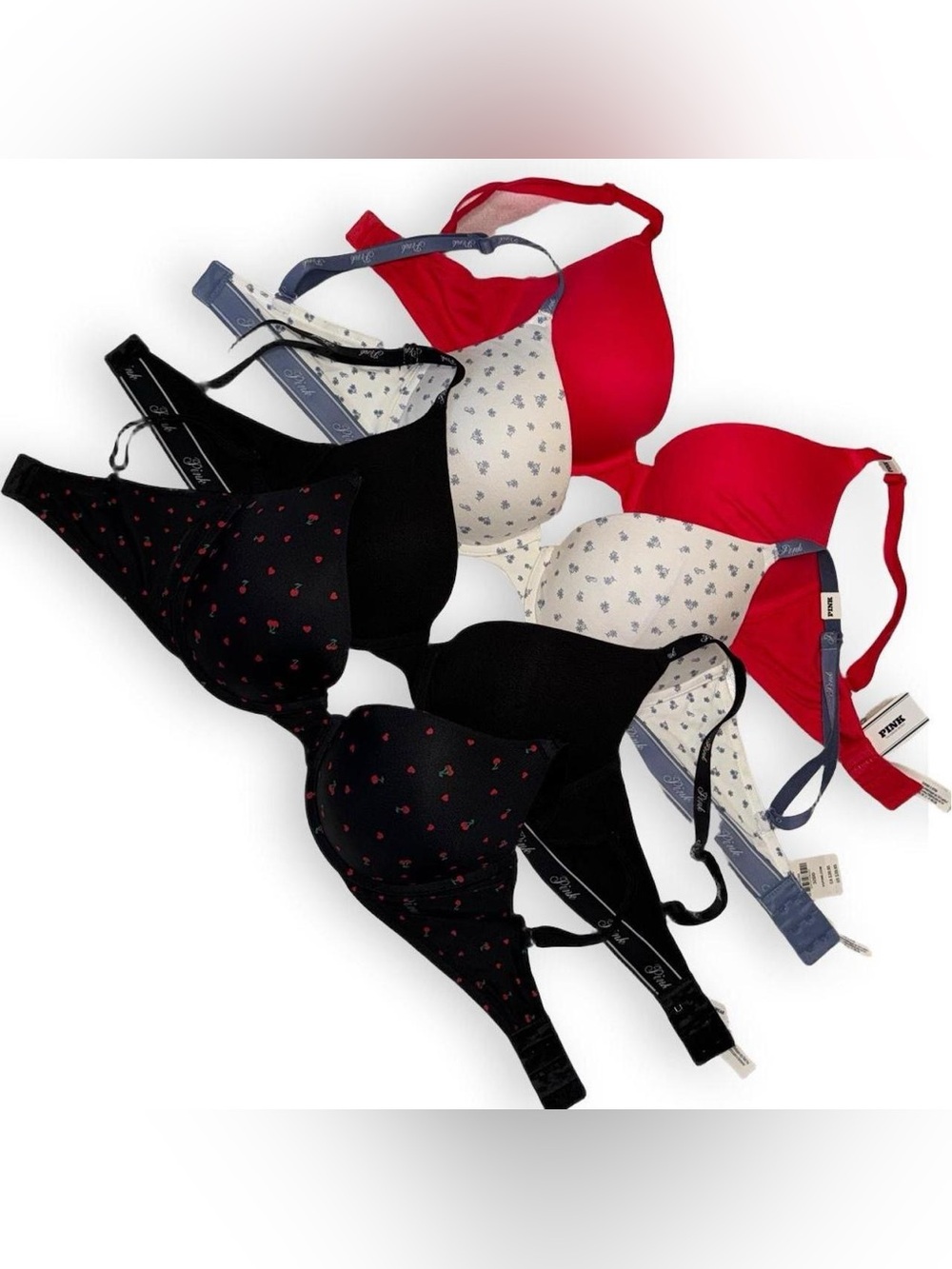 Victoria's Secret PINK 4 Bra Bundle32DD, Red, black, blue, white, cherries